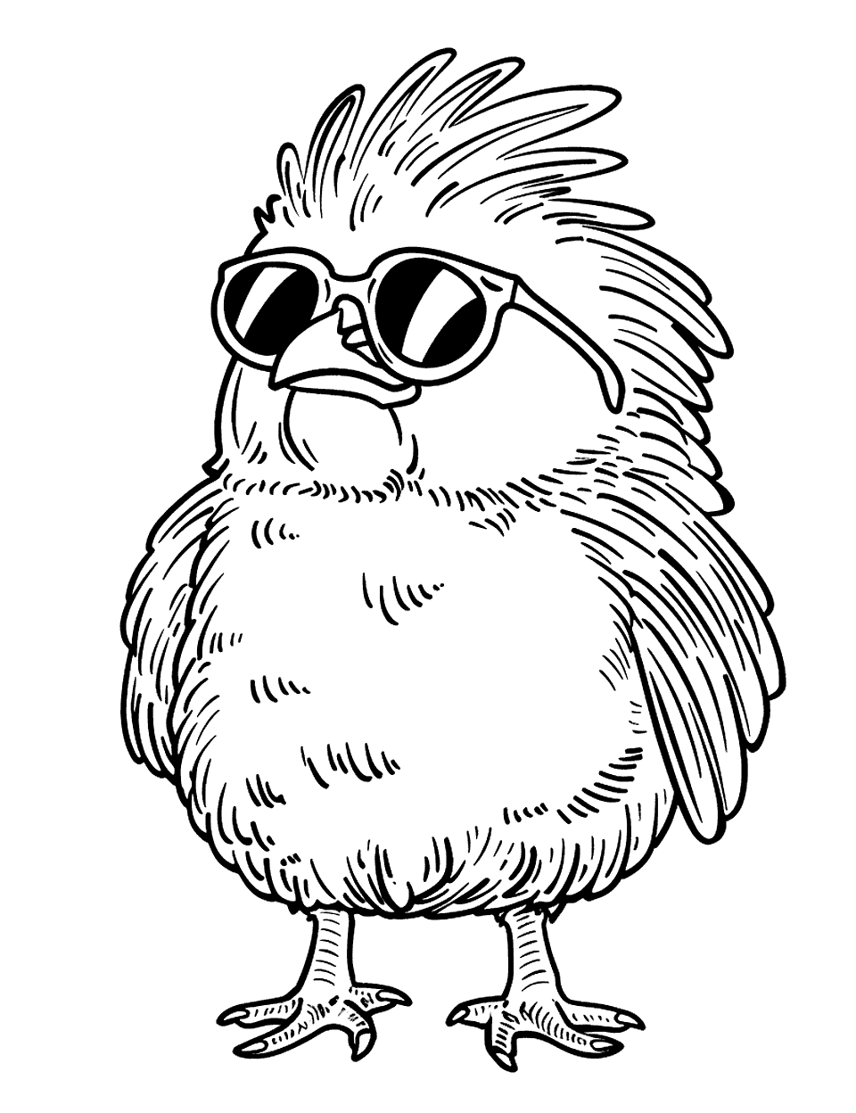 Kawaii Chicken in Sunglasses Coloring Page - A super cute kawaii-style chicken wearing oversized sunglasses.