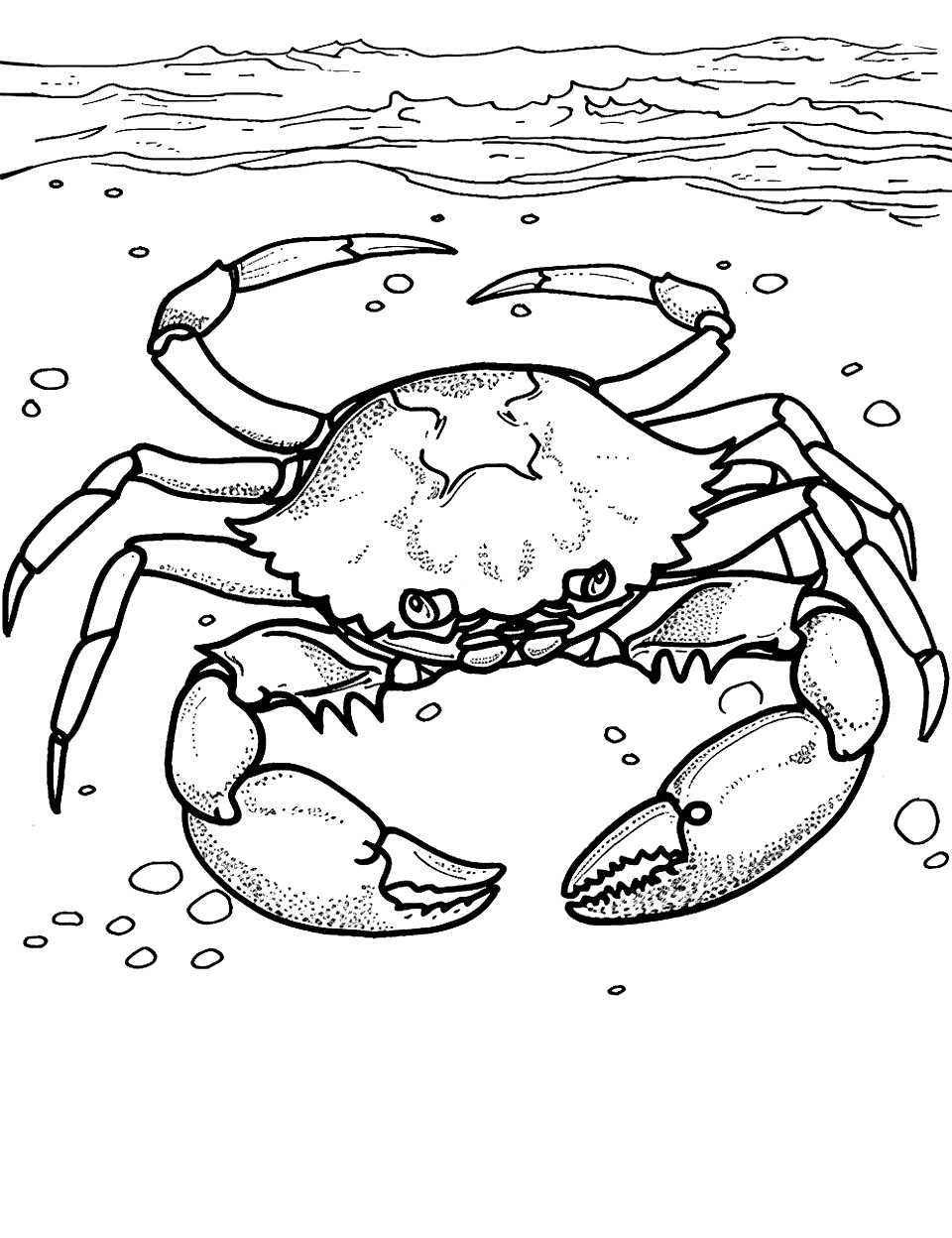 Crab by the Shore Coloring Page - A large crab with prominent claws walking along a sandy shore near the ocean.
