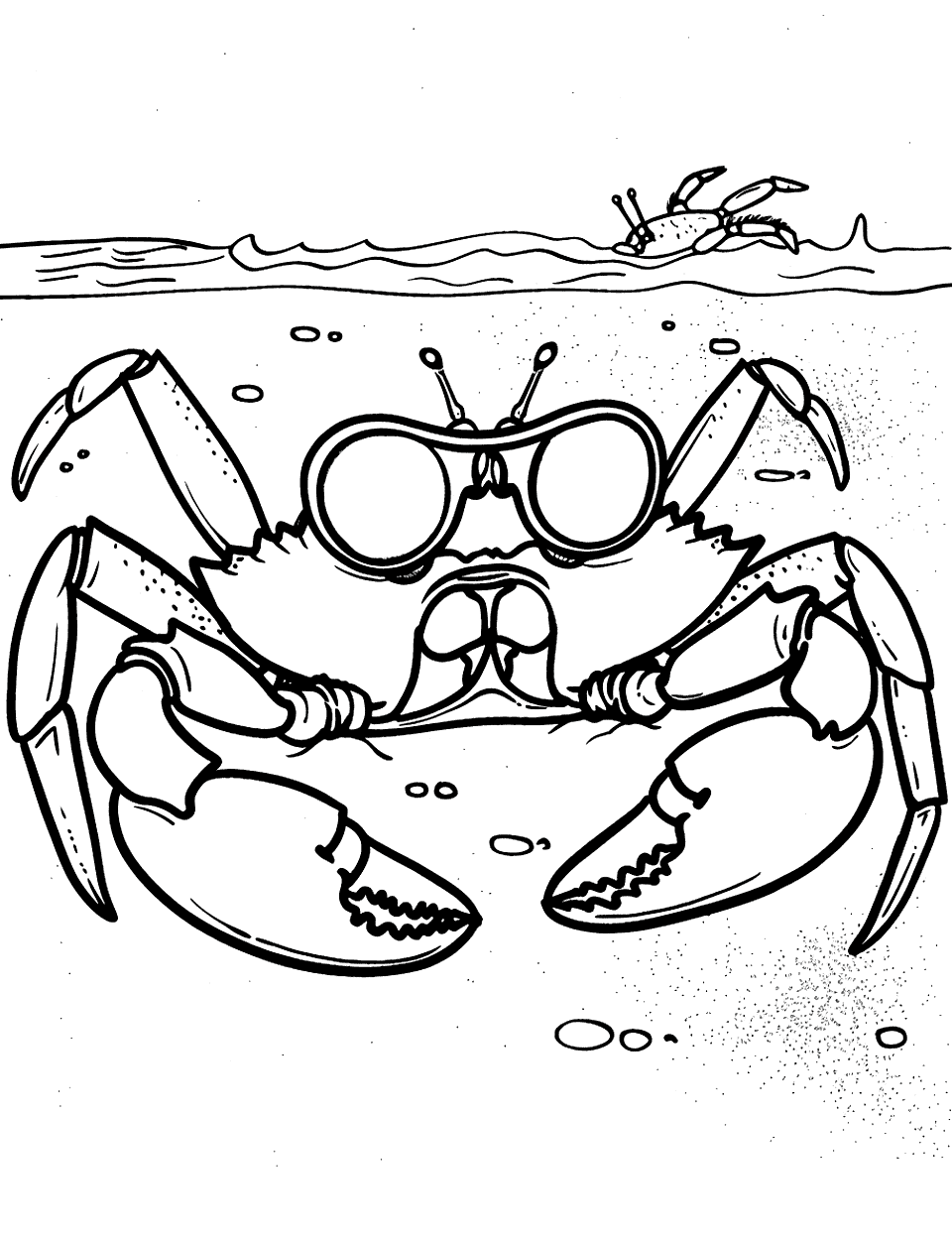 Cool Crab with Sunglasses Coloring Page - A crab sporting a pair of sunglasses, chilling by the beach with a cool pose.
