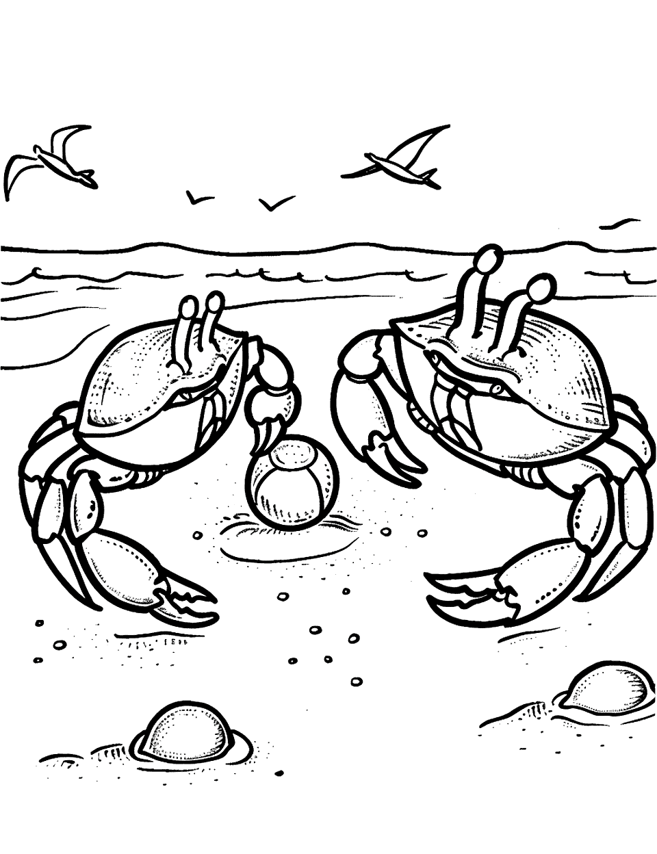 Playful Crabs at the Beach Crab Coloring Page - Two crabs playing with a small beach ball near the water’s edge.
