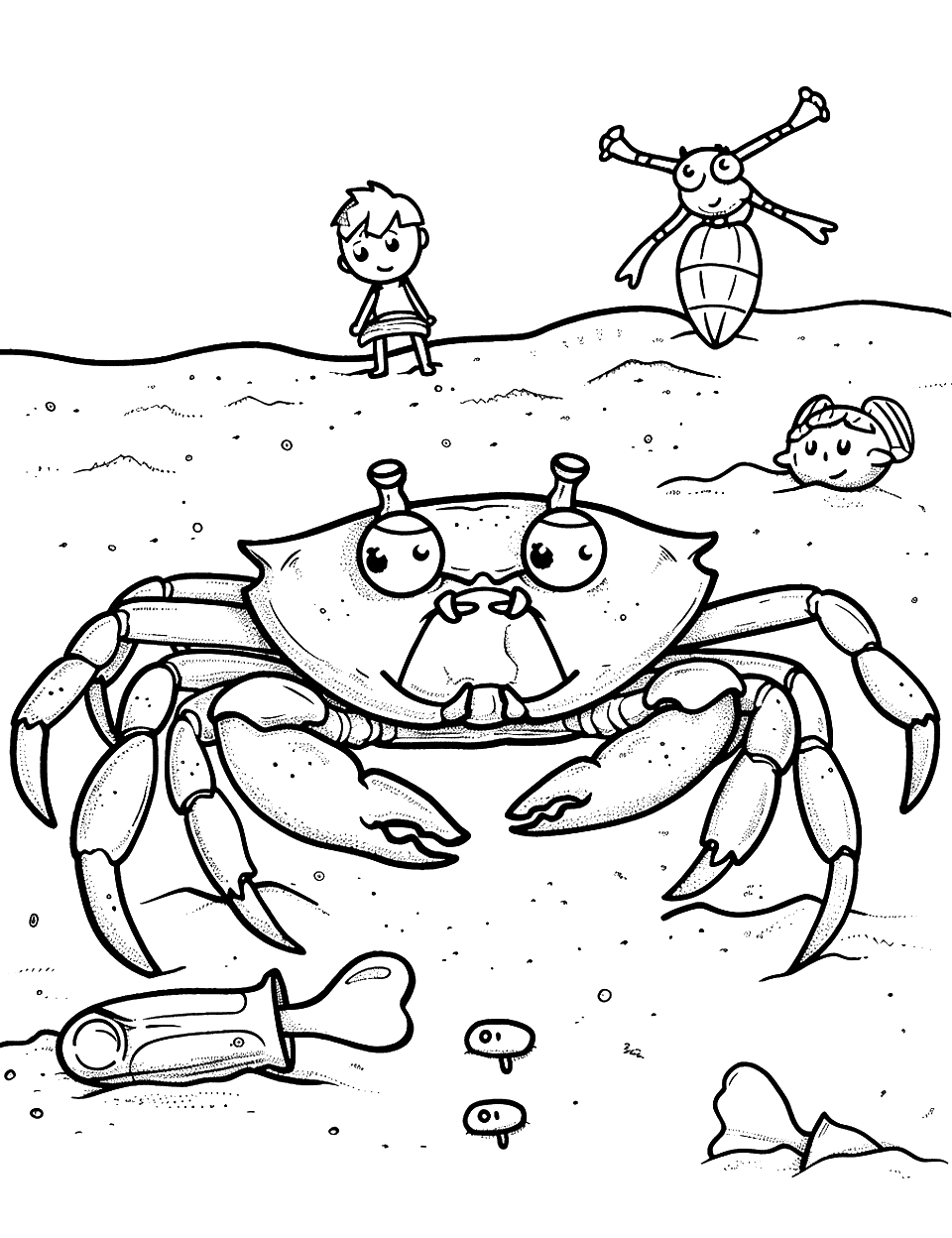 Crab and Beach Toys Coloring Page - A crab interacting curiously with a collection of children’s beach toys left in the sand.
