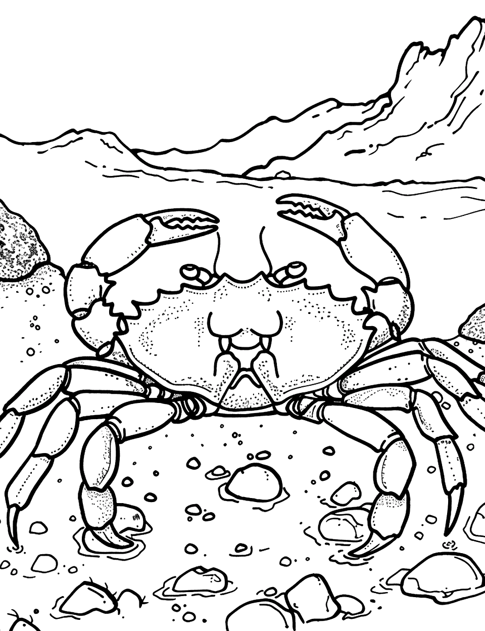 Rocky Shore Adventure Crab Coloring Page - A crab navigating the rocky terrain of a rugged shore.
