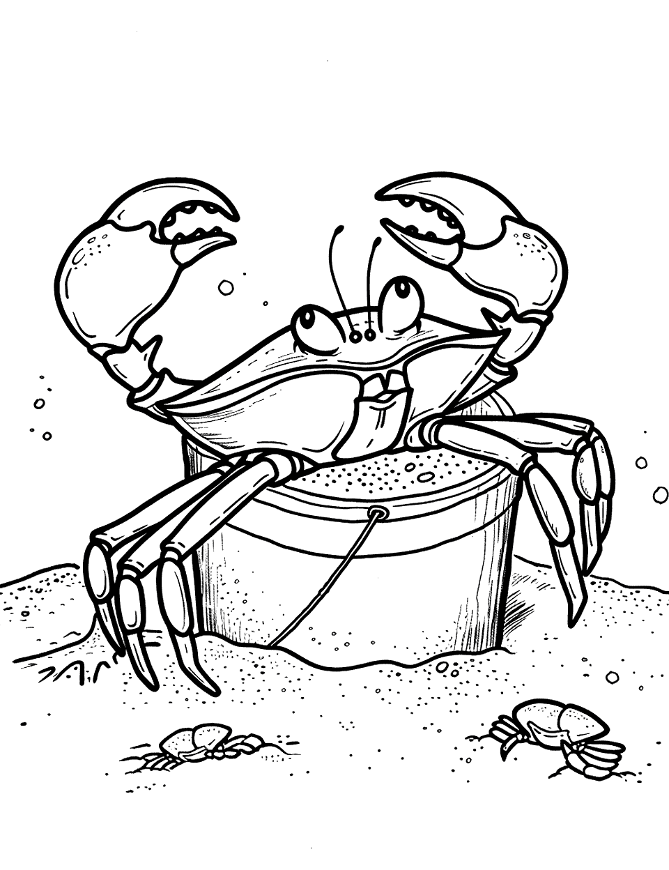 Crab and a Bucket Coloring Page - A playful scene with a crab peeking out from a beach bucket.