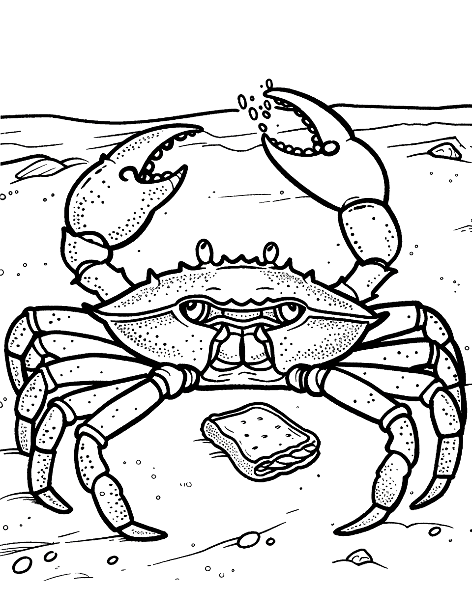 Crab Feast Coloring Page - A scene of a crab ready to munch on a tiny piece of leftover sandwich on the beach.