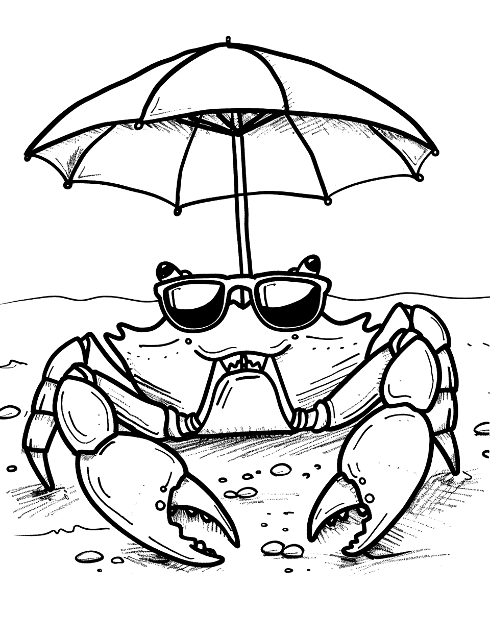Summer Beach Day Crab Coloring Page - A cute, small crab wearing sunglasses, sitting under a beach umbrella.
