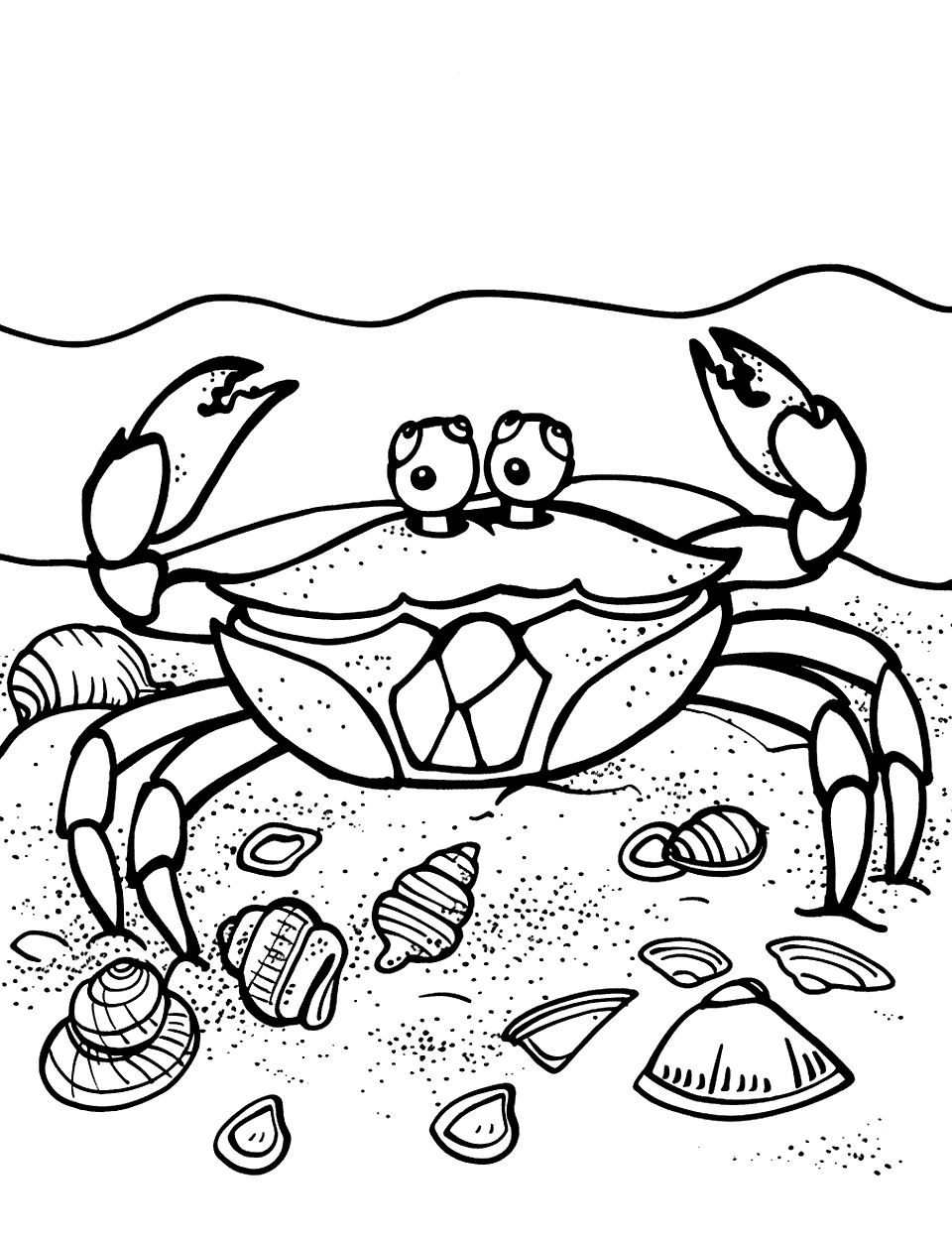 Seashell Collector Crab Coloring Page - A detailed scene of a crab examining a collection of seashells scattered on the sand.