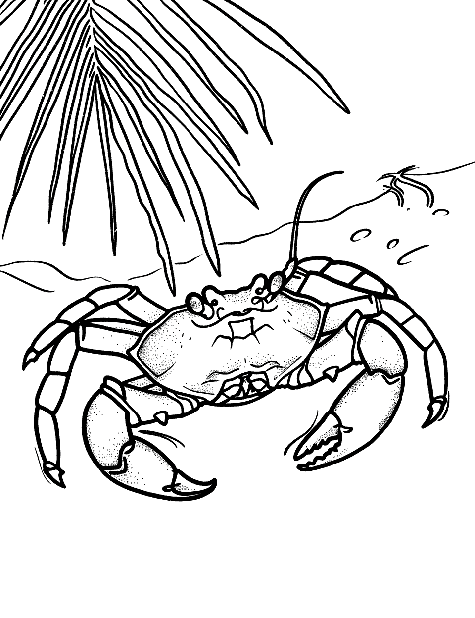 Crab and Palm Tree Coloring Page - A crab resting under the leaf of a palm tree, providing a cool retreat from the sunny beach.