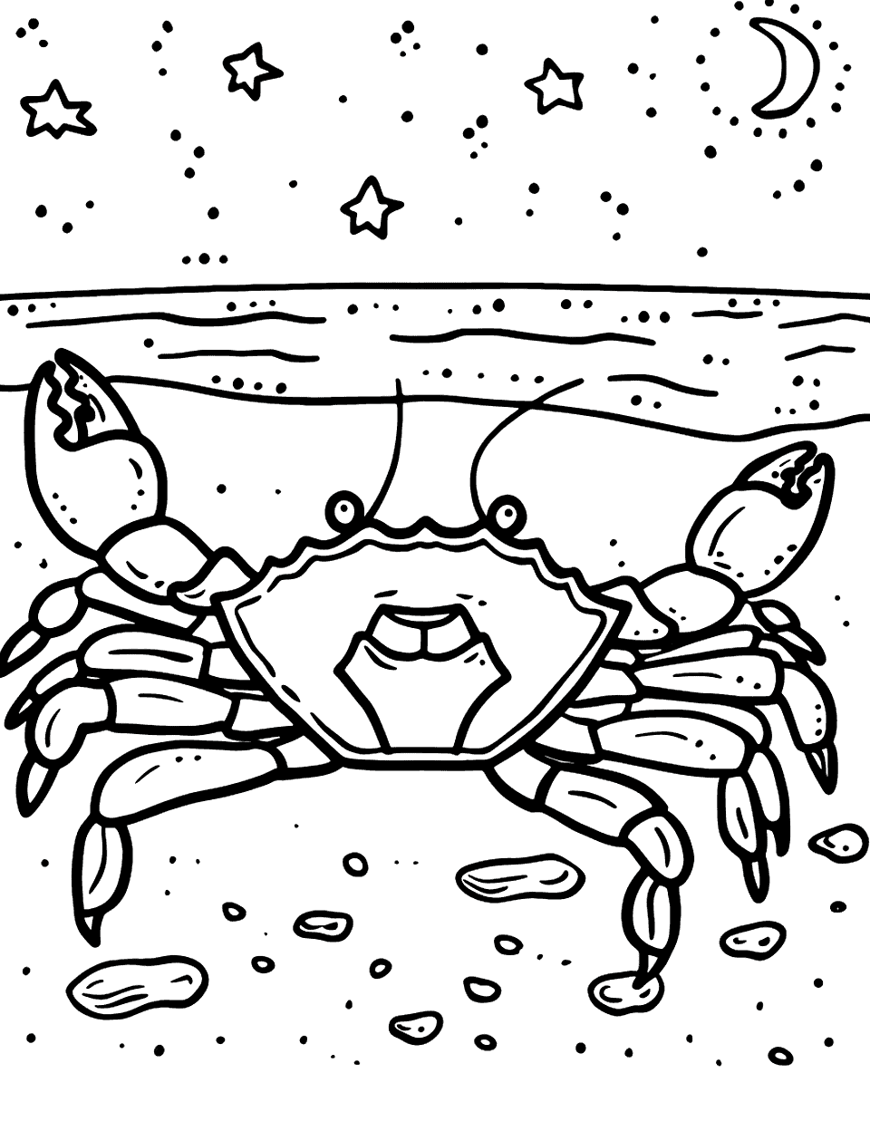 Starry Night Crab Coloring Page - A crab on the beach under a star-filled sky.