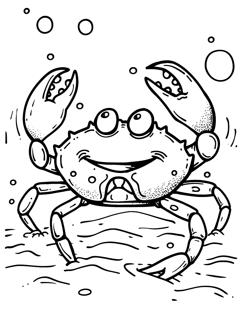 Crabby Dance Crab Coloring Page - A playful crab dancing on the sand, with its claws up in the air and a happy expression.