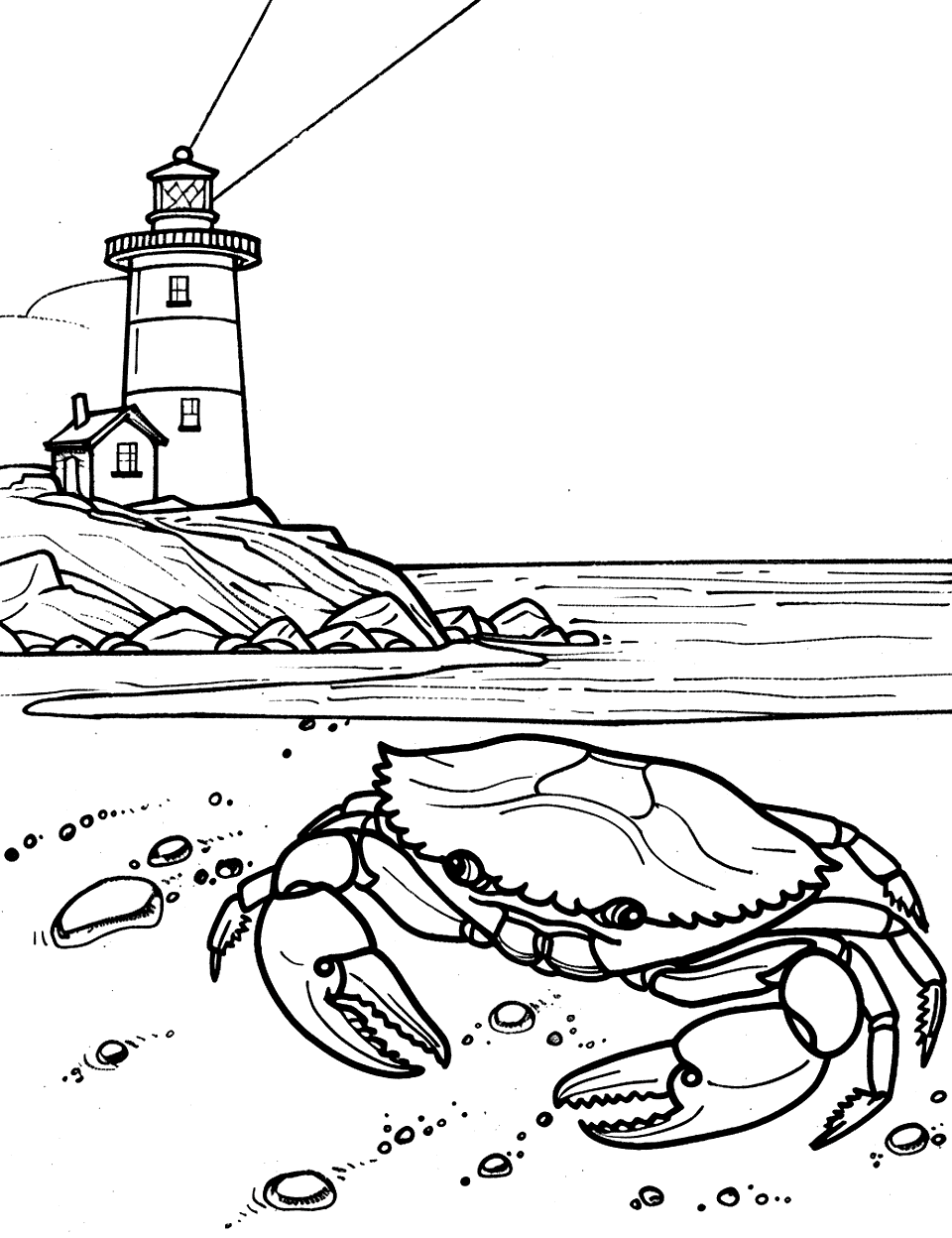 Crab and the Lighthouse Coloring Page - A distant lighthouse and a crab that is scuttling across the beach foreground.