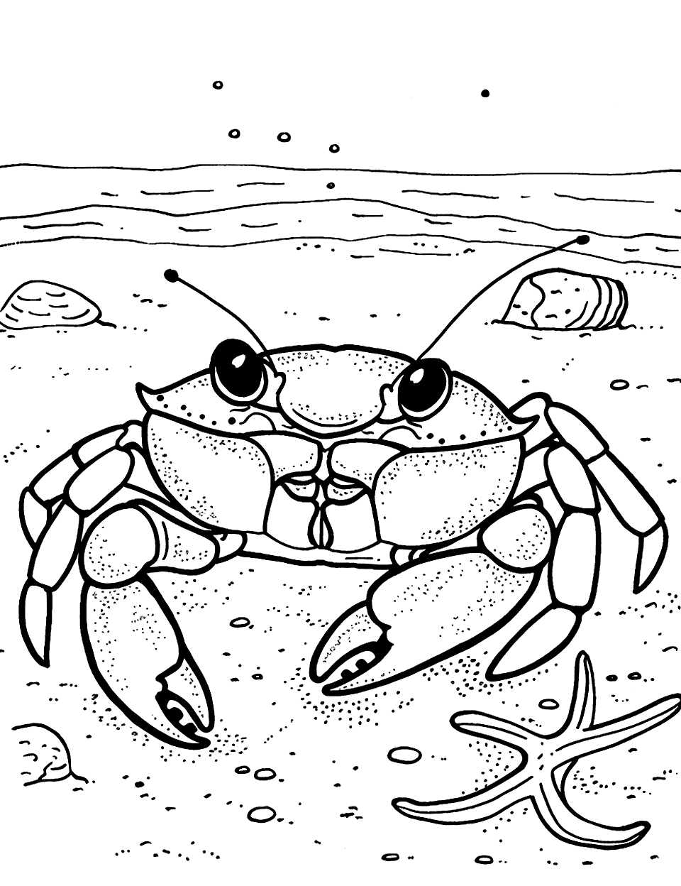 Baby Crab's First Walk Crab Coloring Page - A tiny, newborn crab taking its first cautious steps on the sandy beach.