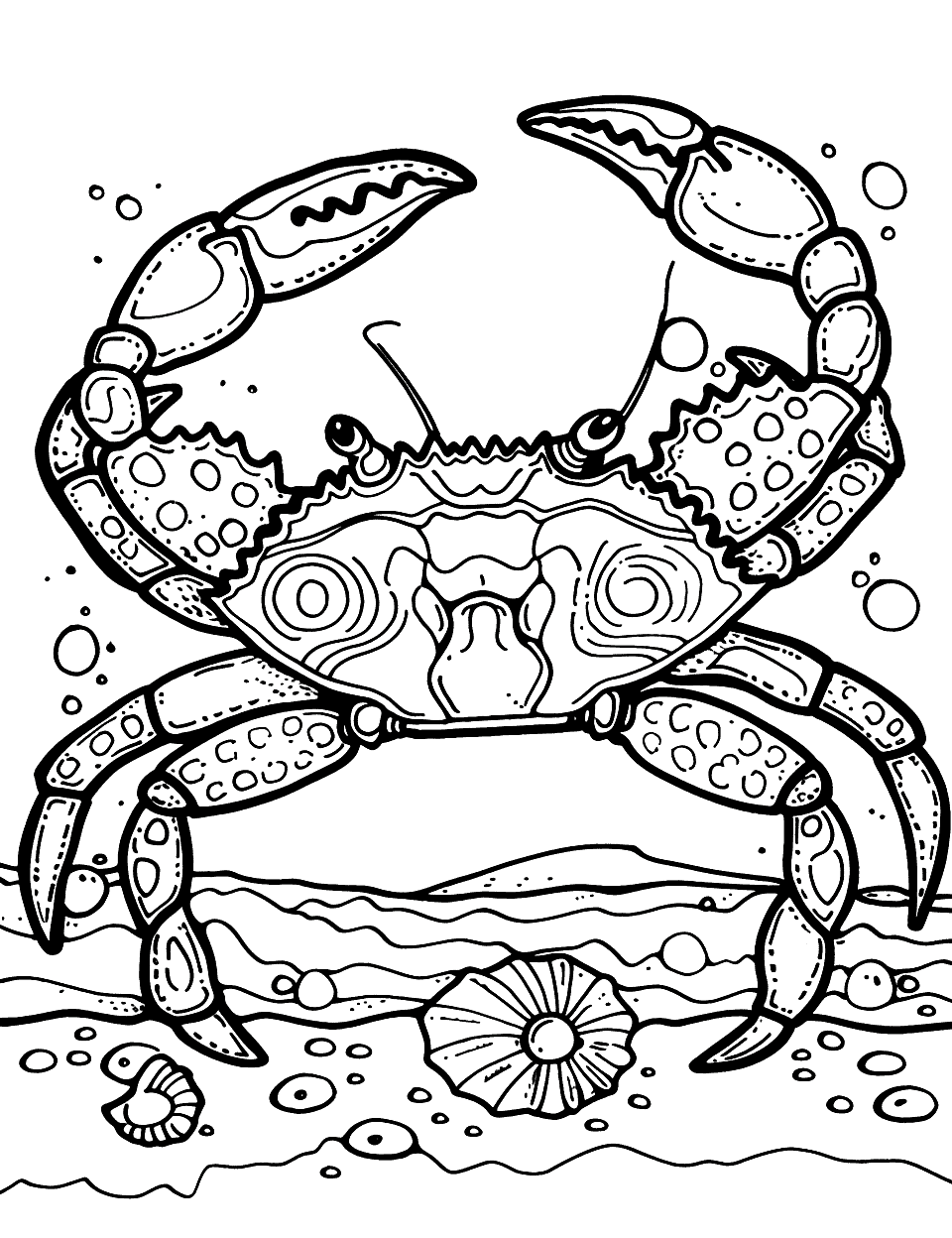 Crab with a Shiny Shell Coloring Page - A shiny, detailed crab with an intricately patterned shell, walking on the beach.