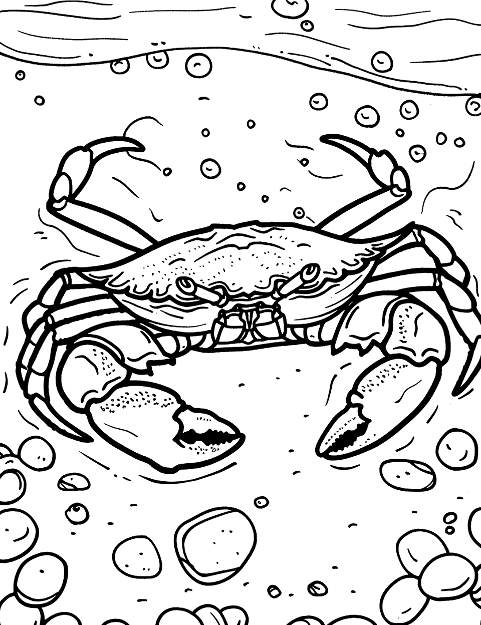 Tasmanian Giant Crab Coloring Page - A colossal Tasmanian crab perched on a sandy ocean bed, surrounded by pebbles.