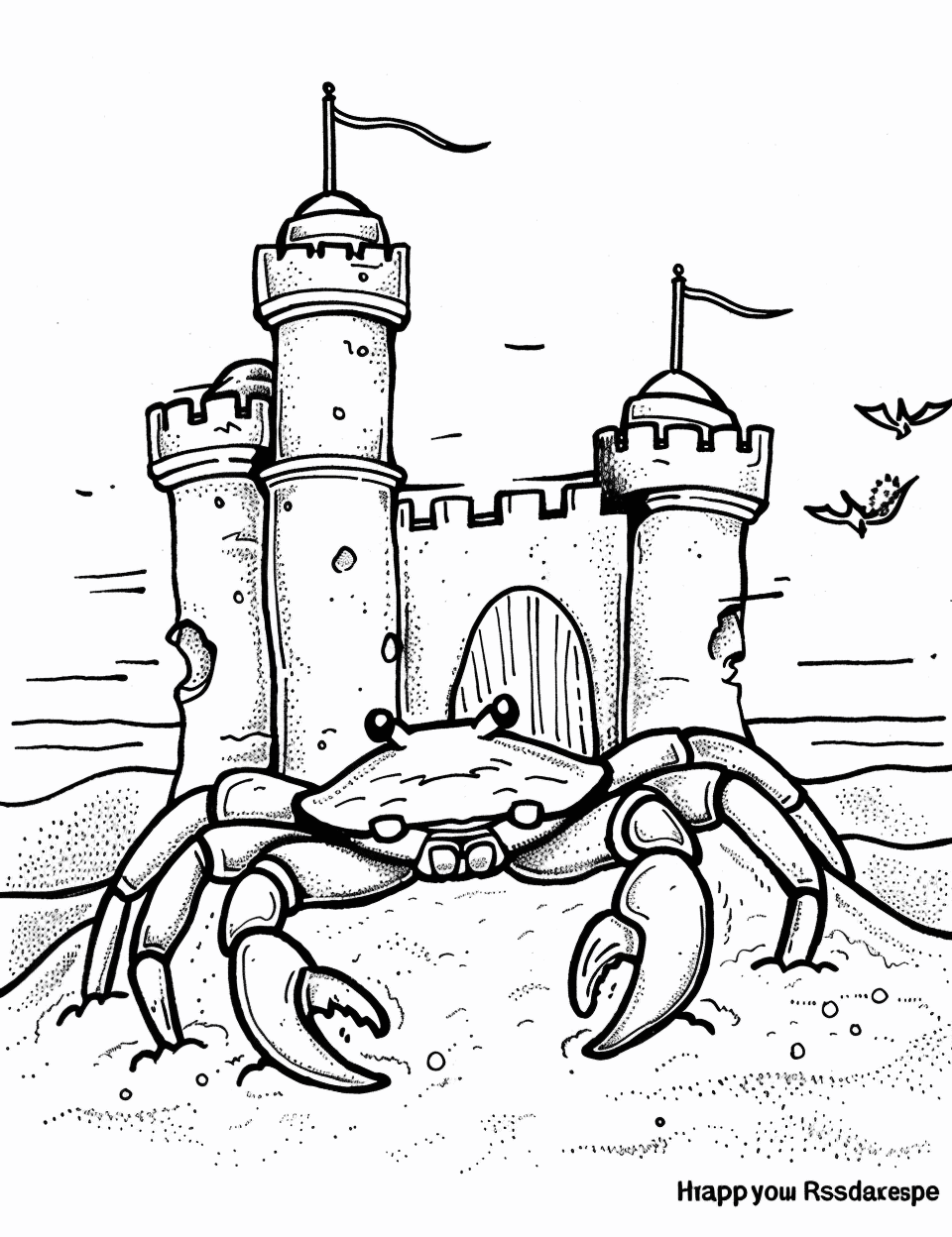 Sand Castle Guardian Crab Coloring Page - A small crab next to a sand castle, acting as the guardian of this miniature sandy fort.