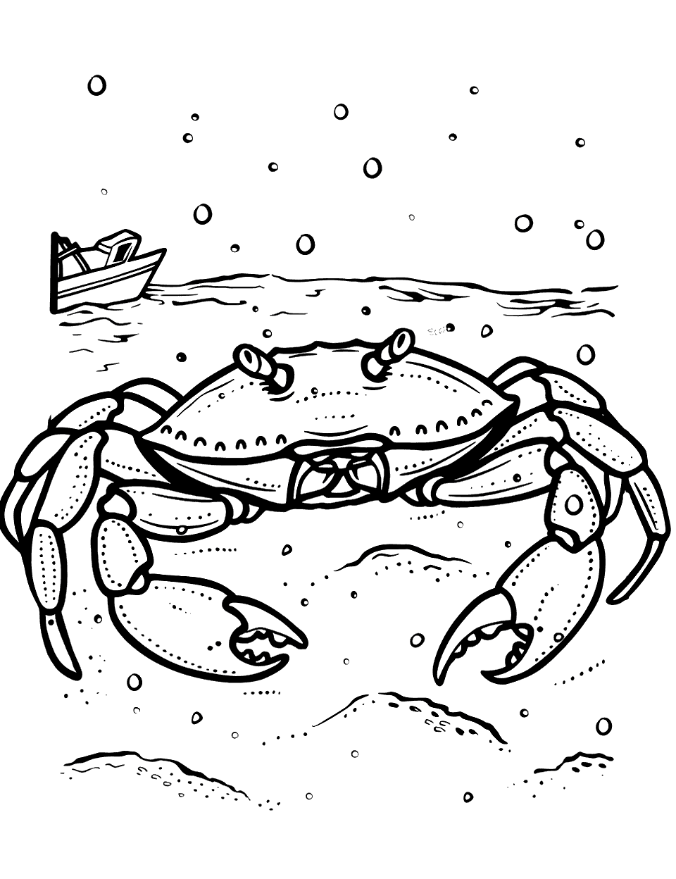 Snow Crab in Summer Coloring Page - A snow crab on sand by the ocean, contrasting the usual summer beach scene.