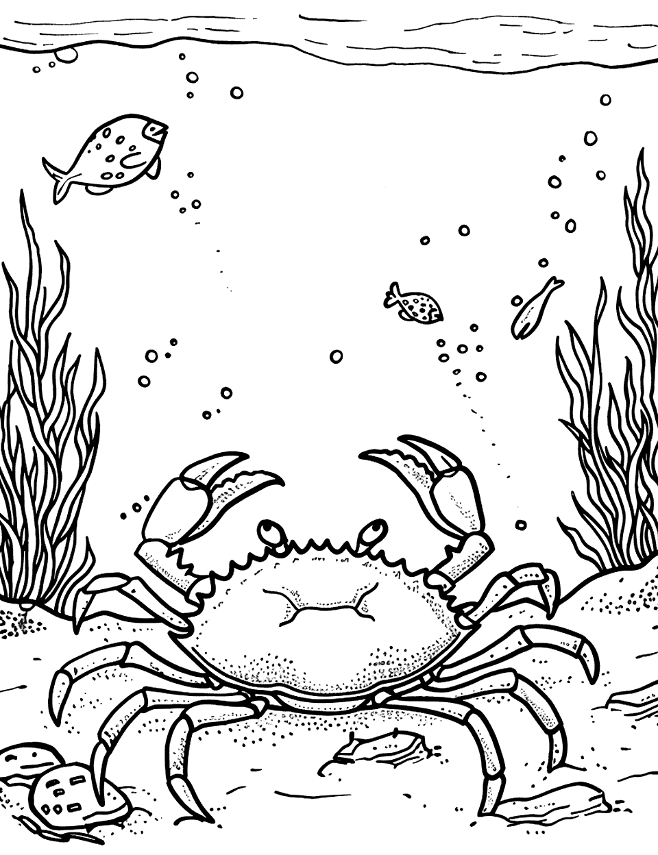 Ocean Floor Scene Crab Coloring Page - A detailed scene of a crab slowly walking along the ocean floor, with seaweed and small rocks around.