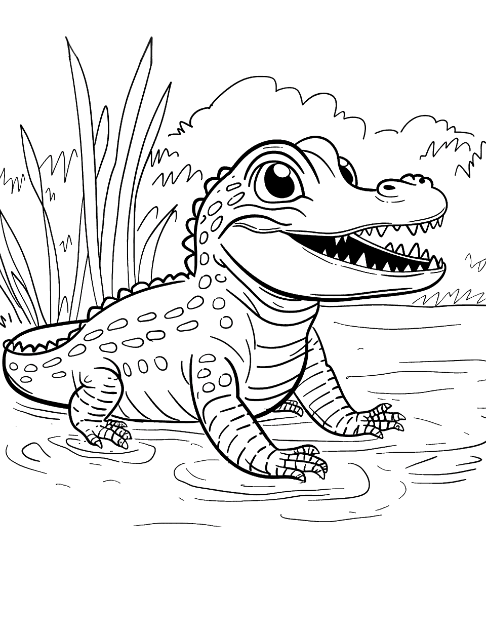 Cute Baby Crocodile Coloring Page - A small, adorable baby crocodile with a wide smile sitting by a pond.