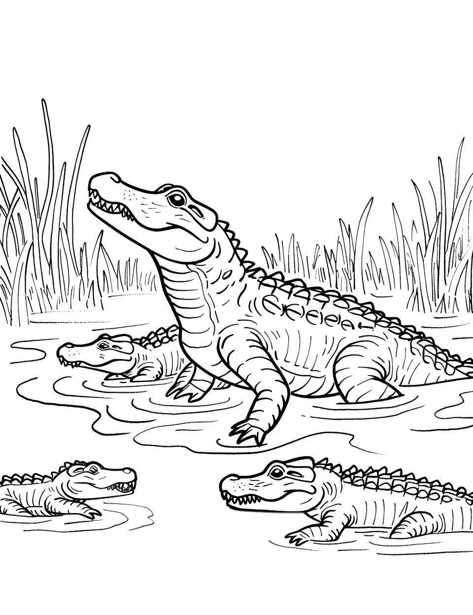 Crocodile Family Day Coloring Page - A group of baby crocodiles following their mother through marshy waters.