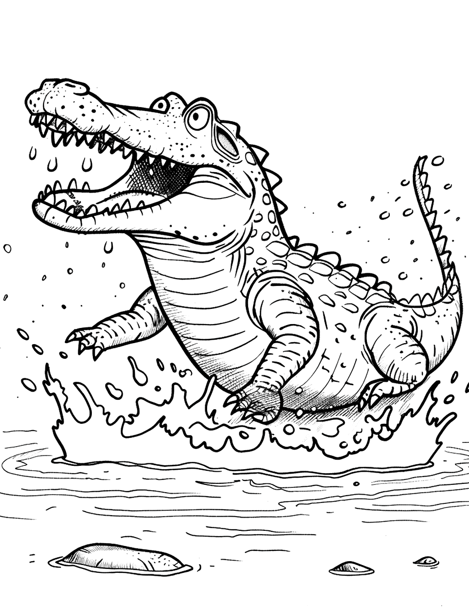 Playful Crocodile in Mud Coloring Page - A crocodile rolling happily in the mud with splatters around it.