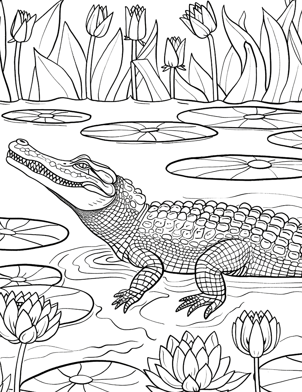 Crocodile and Lotus Pond Coloring Page - A crocodile calmly swimming in a pond filled with lotus flowers.