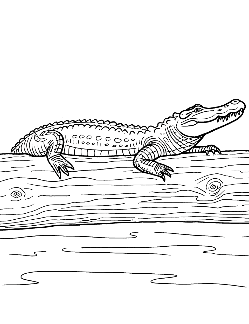 Crocodile on a Log Coloring Page - A lazy crocodile sunbathing on a floating log in a calm lake.