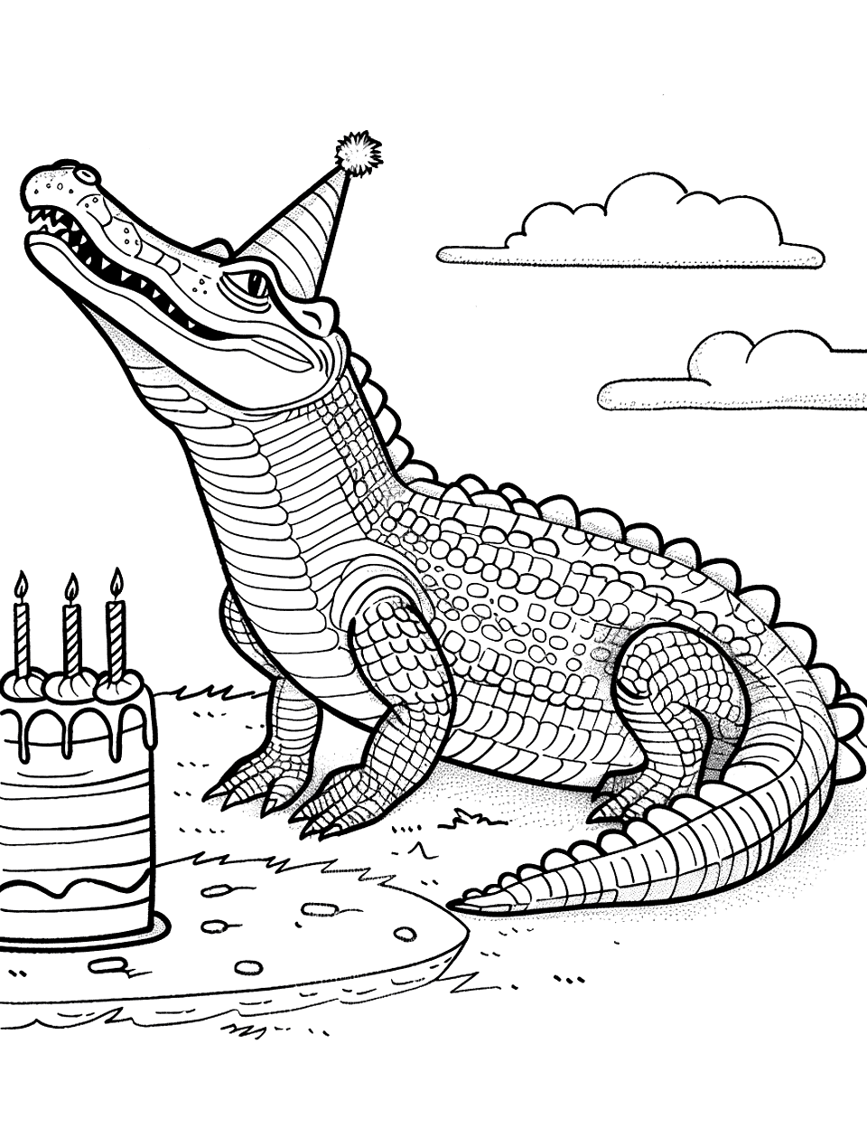Crocodile's Birthday Party Crocodile Coloring Page - A festive scene with a crocodile wearing a party hat next to a cake.