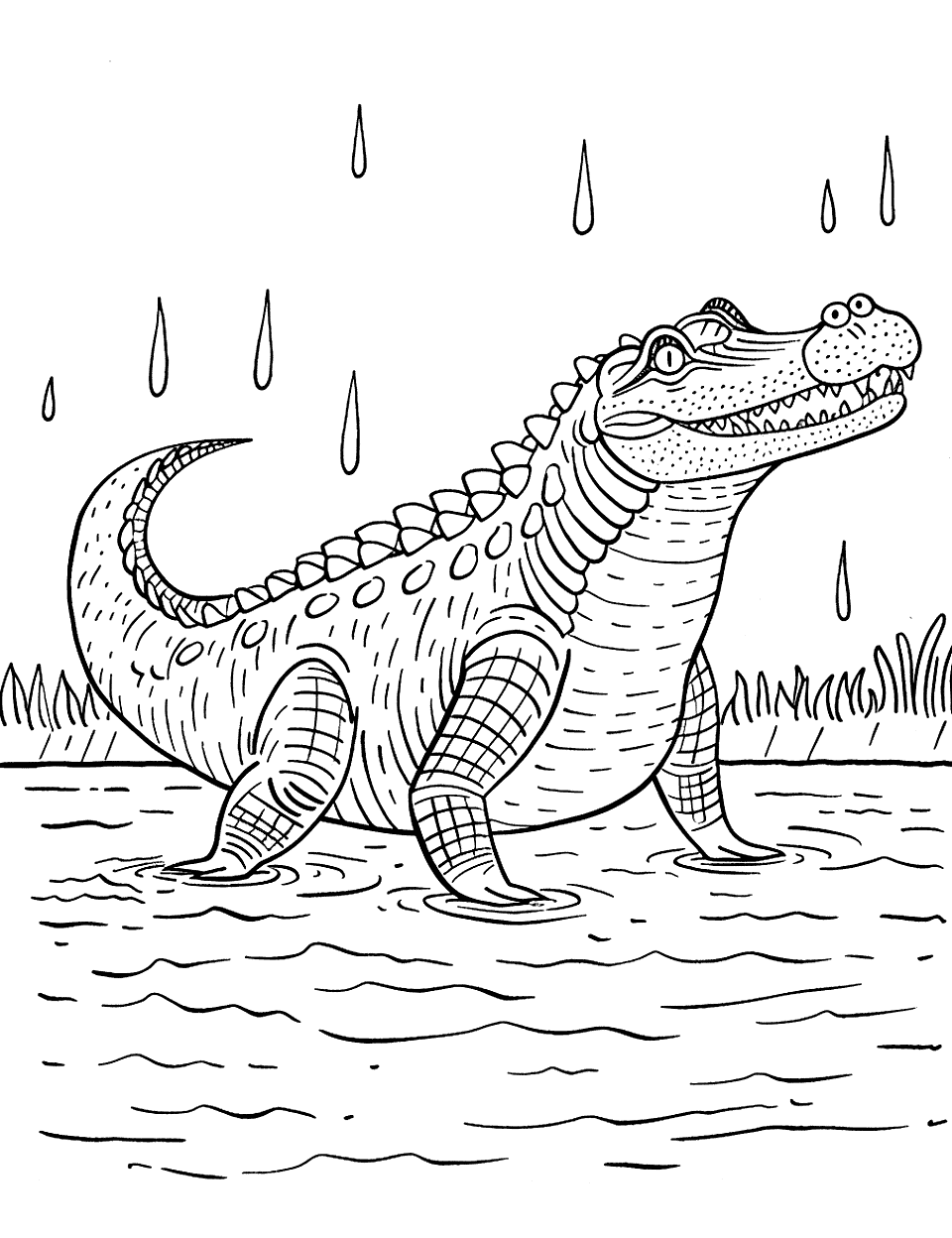 Crocodile in the Rain Coloring Page - A cheerful crocodile walking in the rain with raindrops all around.