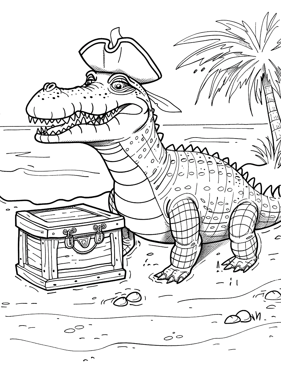 Crocodile Treasure Hunter Coloring Page - A crocodile dressed as a pirate, standing next to a treasure chest on a sandy beach.