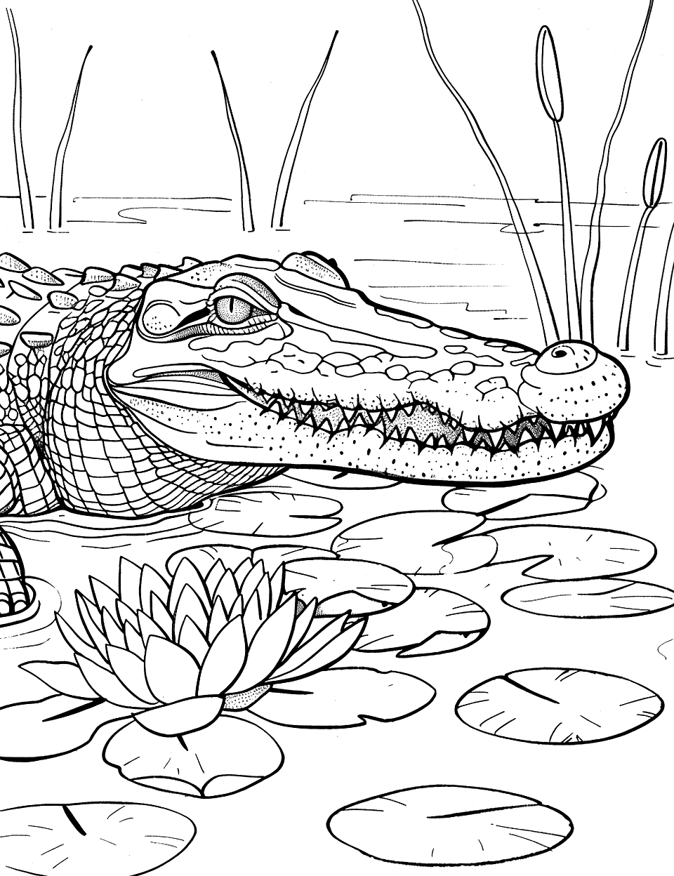 Crocodile and Water Lilies Coloring Page - A crocodile peeking through a patch of water lilies.