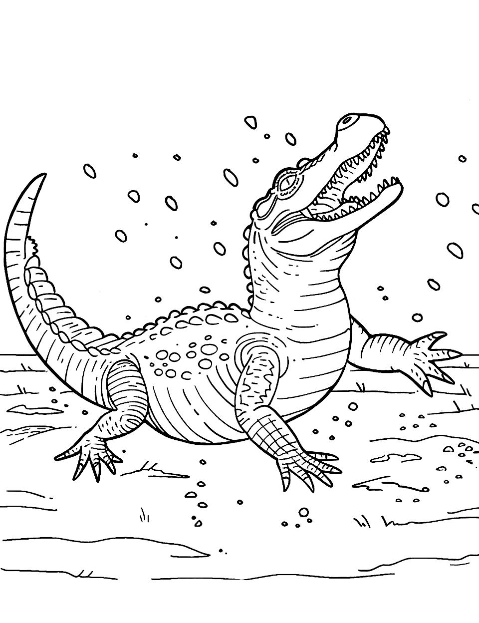 Snowy Day Crocodile Coloring Page - A crocodile being amazed by the snowflakes gently falling around.
