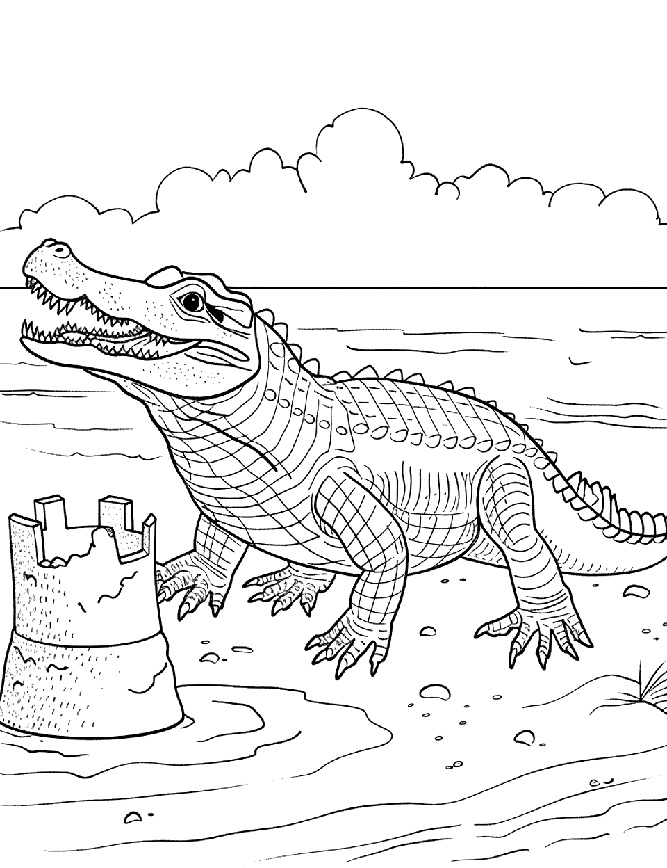 Crocodile Making Sandcastles Coloring Page - A crocodile on a sea beach busy building a big sandcastle.