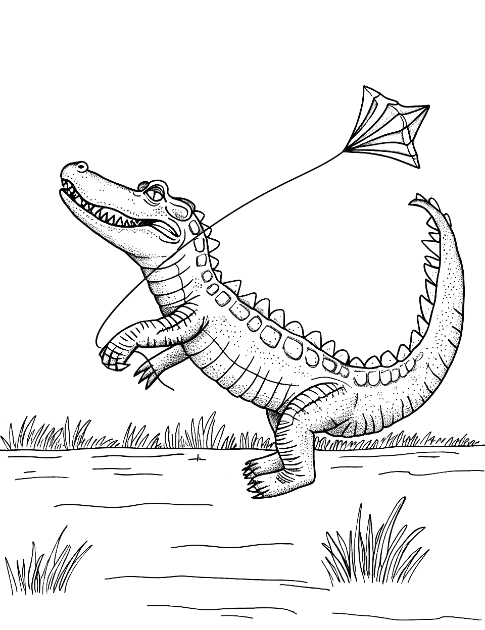 Crocodile and the Kite Coloring Page - A crocodile flying a kite on a windy day.
