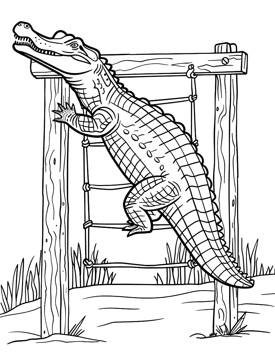 Jungle Gym Crocodile Coloring Page - A crocodile climbing on a jungle gym, showcasing its agility.