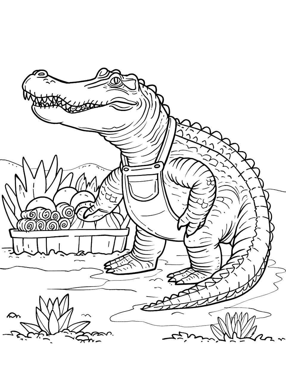 Crocodile Farmer Coloring Page - A crocodile in overalls collecting vegetable from his garden.