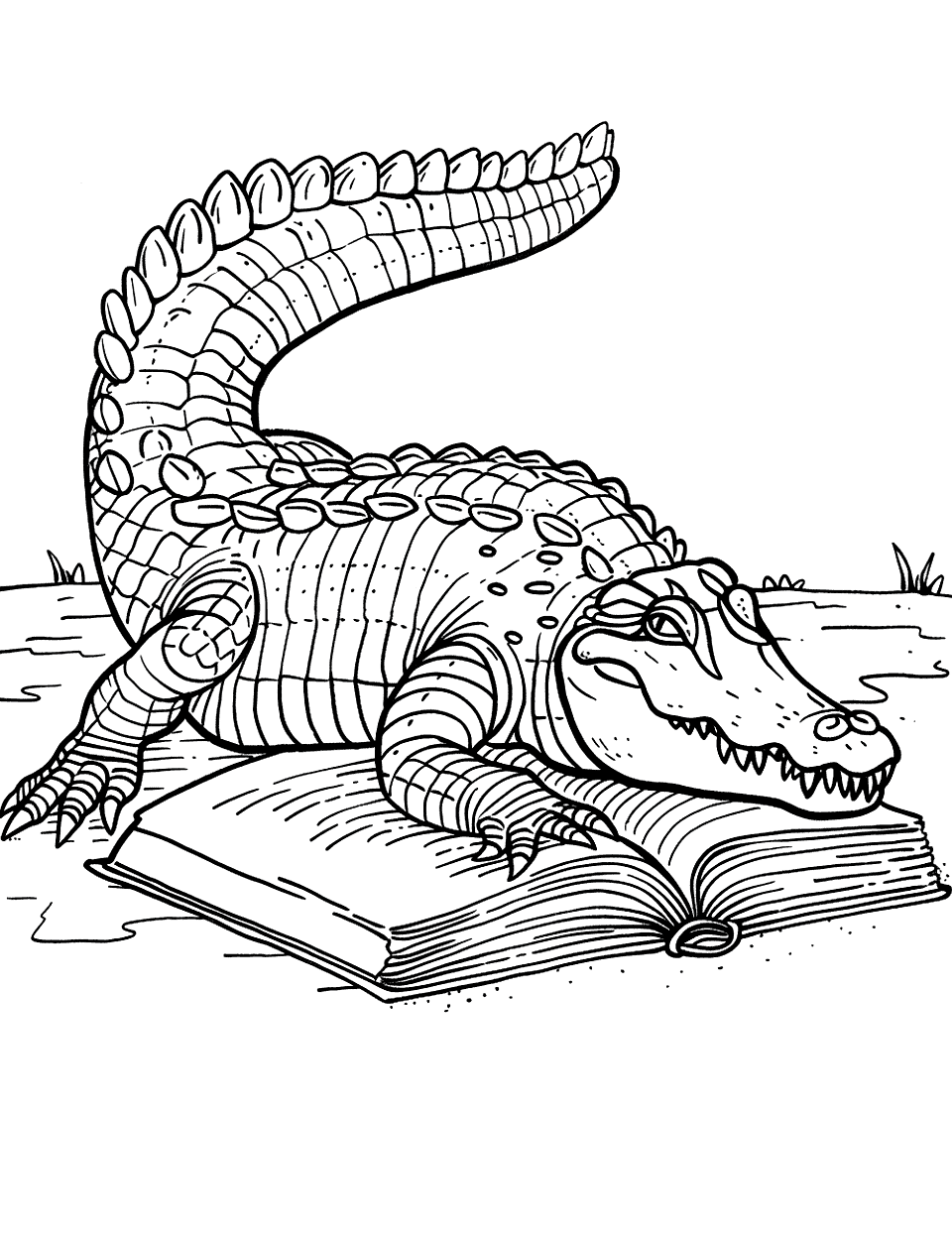 Crocodile Reading a Book Coloring Page - A crocodile engrossed in reading a big book.