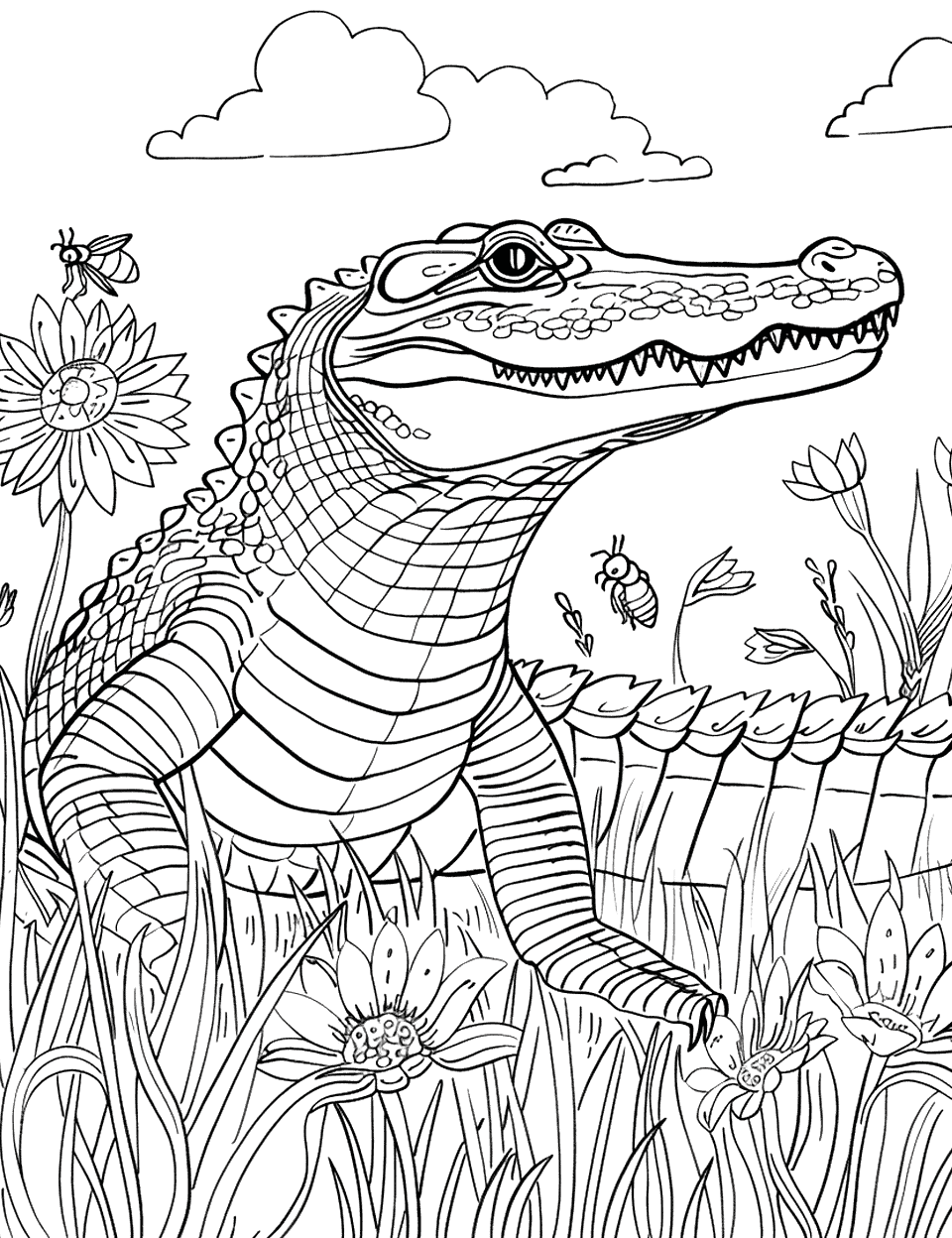 Crocodile in Spring Coloring Page - A crocodile surrounded by blooming flowers and buzzing bees in a spring meadow.