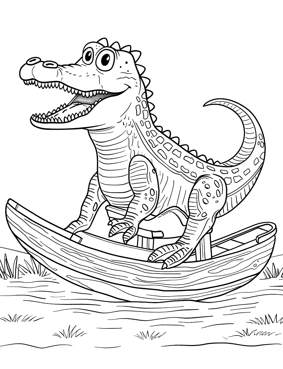 Crocodile on a Boat Coloring Page - A playful crocodile rocking on a wooden boat with a big smile.