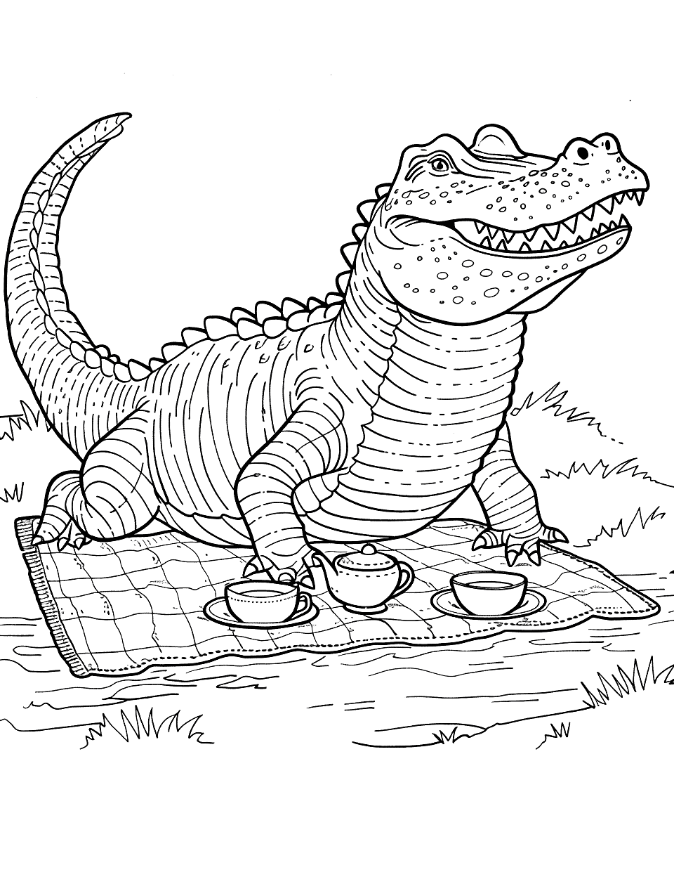 Crocodile Tea Party Coloring Page - A crocodile hosting a tea party with a teapot and cups set out on a picnic blanket.