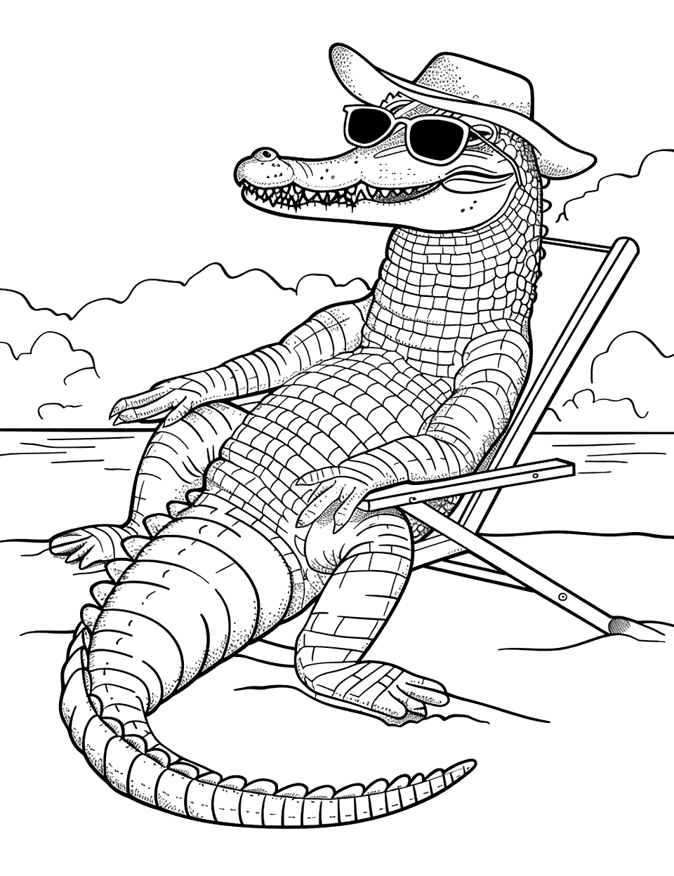 Crocodile Wearing Sunglasses Coloring Page - A cool crocodile lounging on a beach chair, wearing sunglasses and a sunhat.