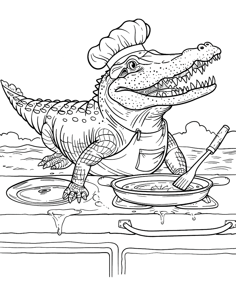 Crocodile as a Chef Coloring Page - A crocodile wearing a chef’s hat and apron, cooking over a stove.
