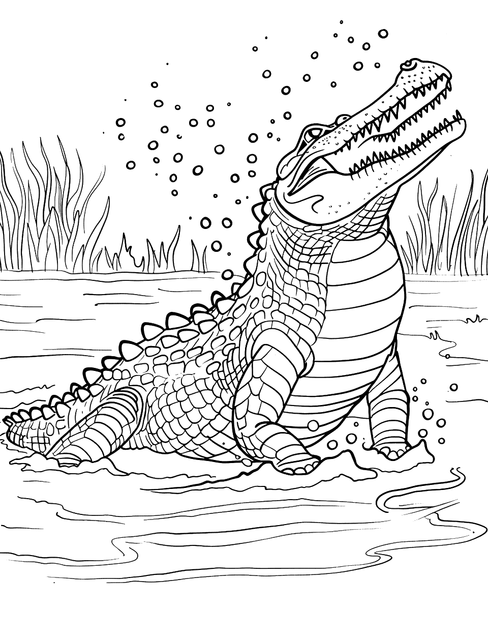 Summer Crocodile Fun Coloring Page - A crocodile playfully splashing water in a shallow pond.