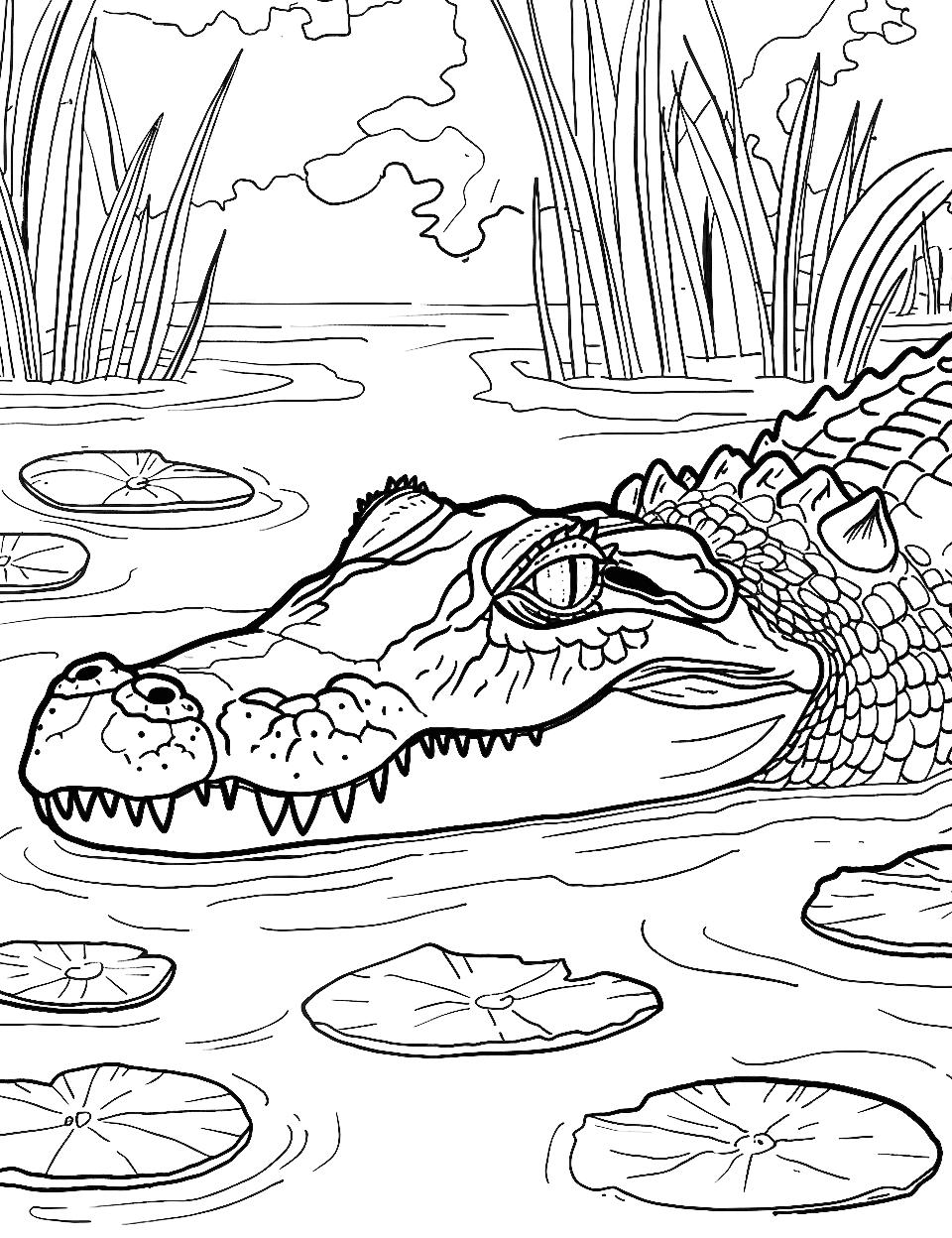 Swamp Adventure Crocodile Coloring Page - A crocodile peeking out from murky swamp waters with lily pads dotted around.