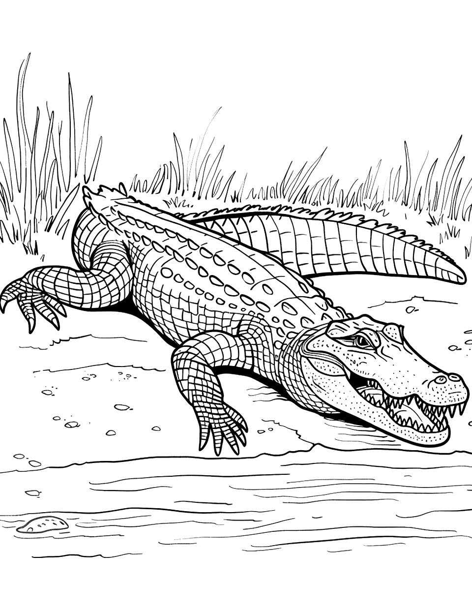 American Crocodile on the Shore Coloring Page - An American crocodile resting on the riverbank.