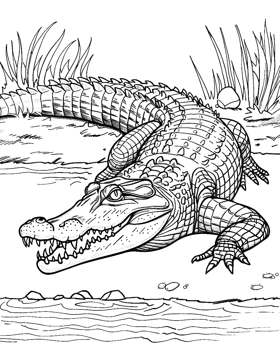 Crocodile in the Wild Coloring Page - A majestic crocodile with its mouth slightly open, lying on the riverbank.