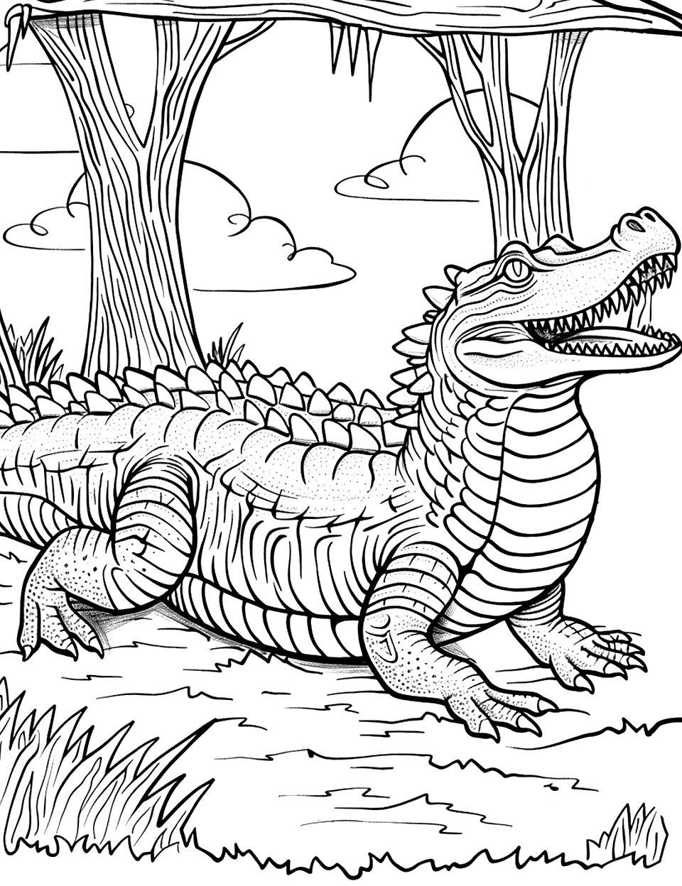 Monster Crocodile Myth Coloring Page - A mythical crocodile standing in a mystical forest.