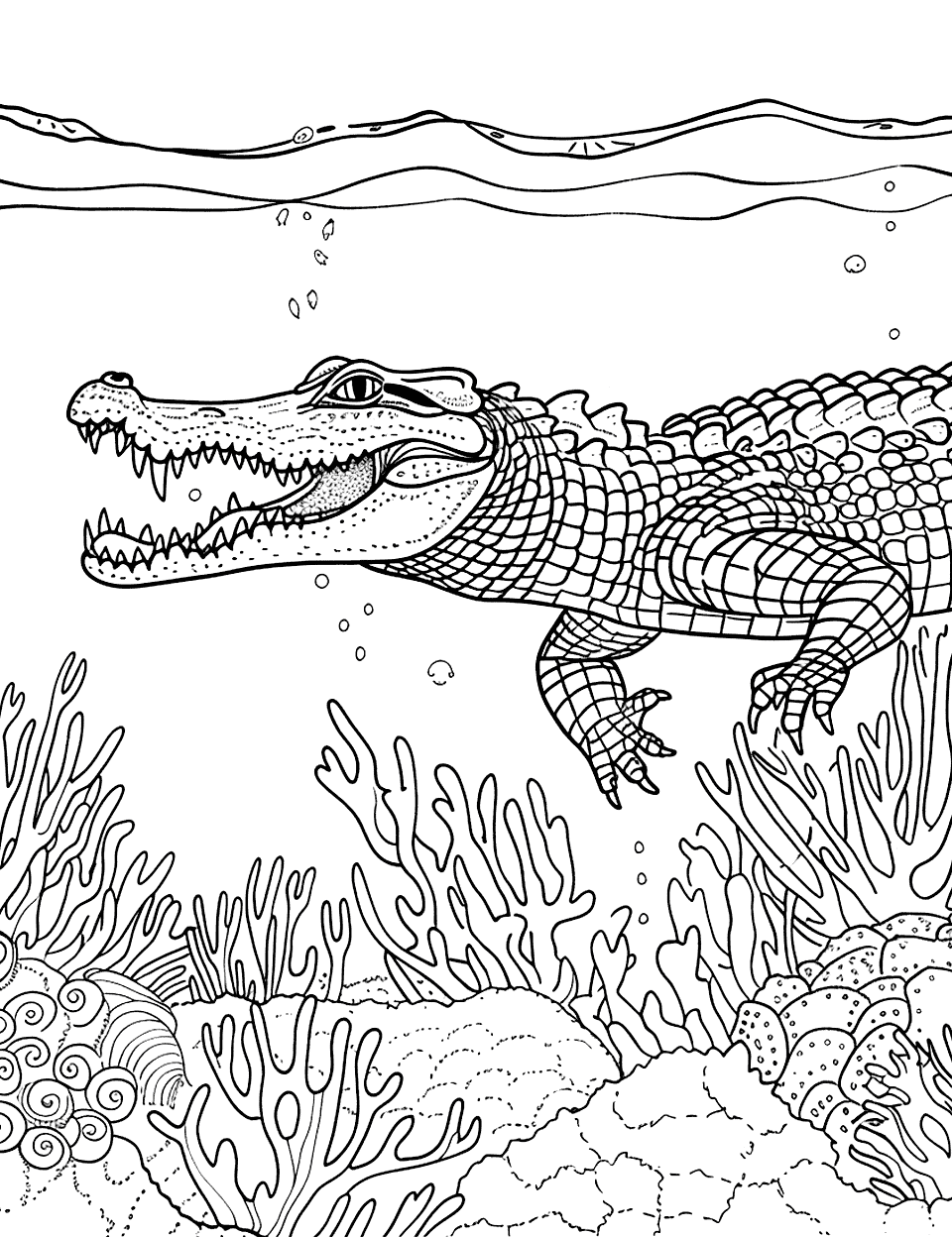 Crocodile Under the Sea Coloring Page - A saltwater crocodile swimming near the ocean floor surrounded by coral reefs.