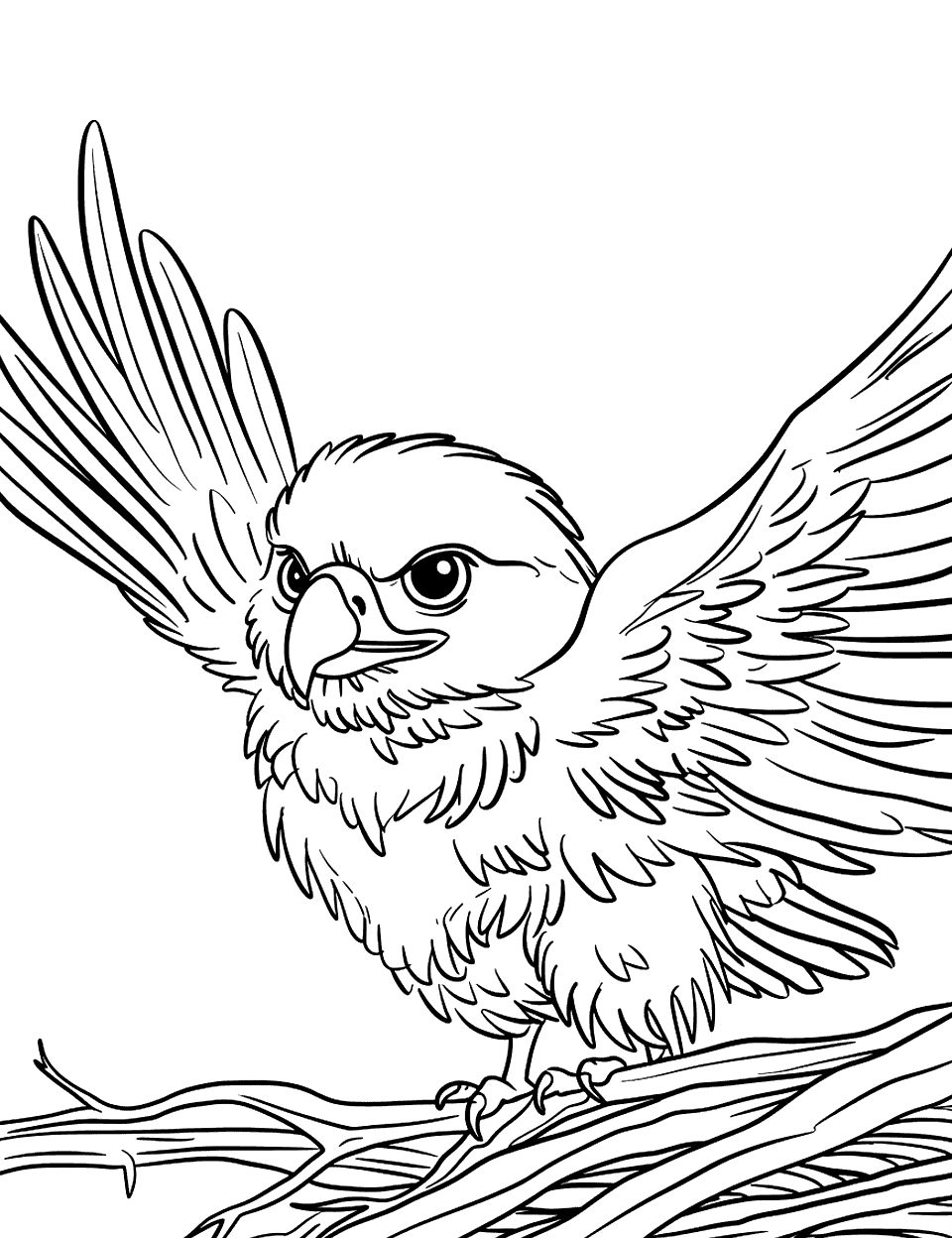 Cute Baby Eagle Learning to Fly Coloring Page - A fluffy baby eagle spreads its wings wide, attempting its first flight from the edge of a nest.