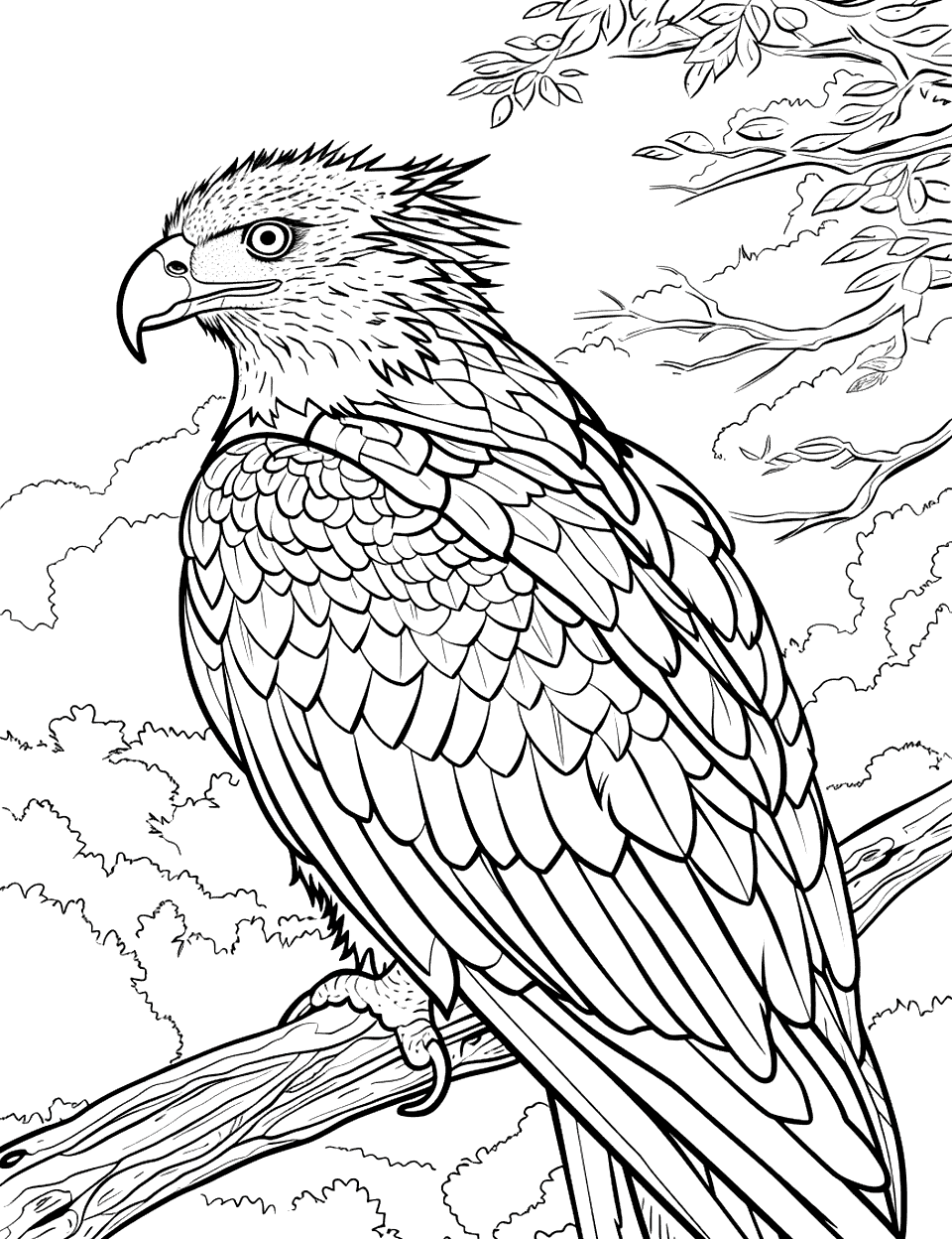 Crowned Eagle in a Sparse Jungle Coloring Page - A crowned eagle perches on a branch in a jungle, looking regal and alert.