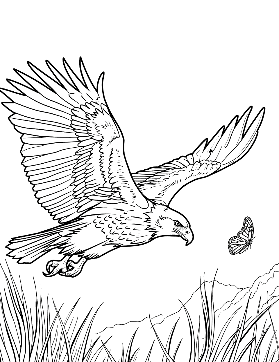 Eagle's First Hunt Eagle Coloring Page - A young eagle chases after a butterfly over a grassy field, showing the early instincts of a hunter.