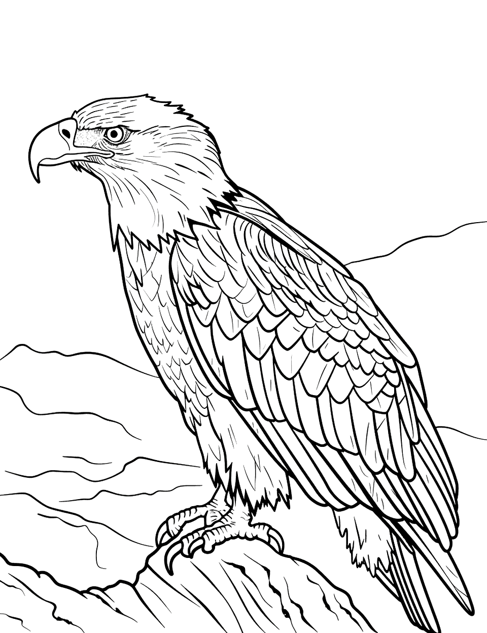 Eagle Watching Over Its Territory Coloring Page - From the top of a cliff, an eagle surveys the land below with a keen gaze, with minimal background details.